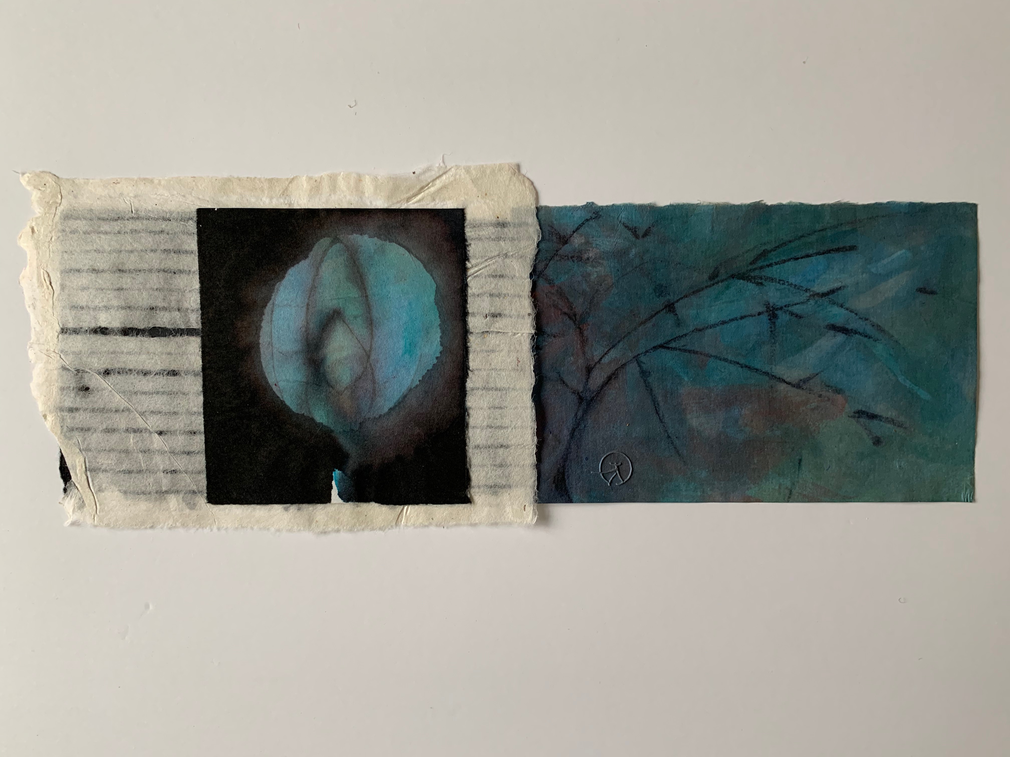 "Blue Moon", 7" x 18", monoprint collage